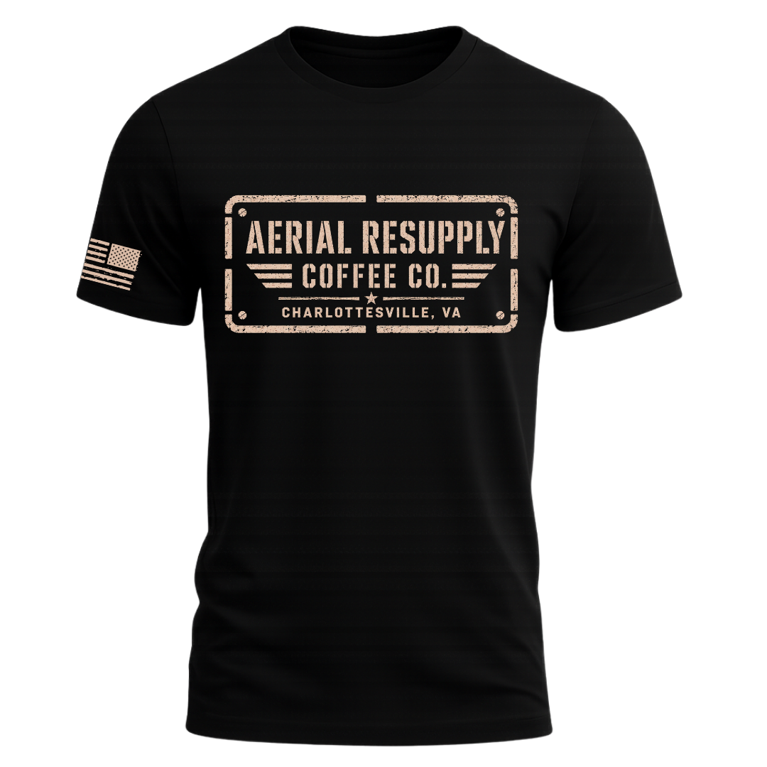 Aerial Resupply Coffee Co. stamp logo t-shirt in black, tan distressed print, flag on sleeve