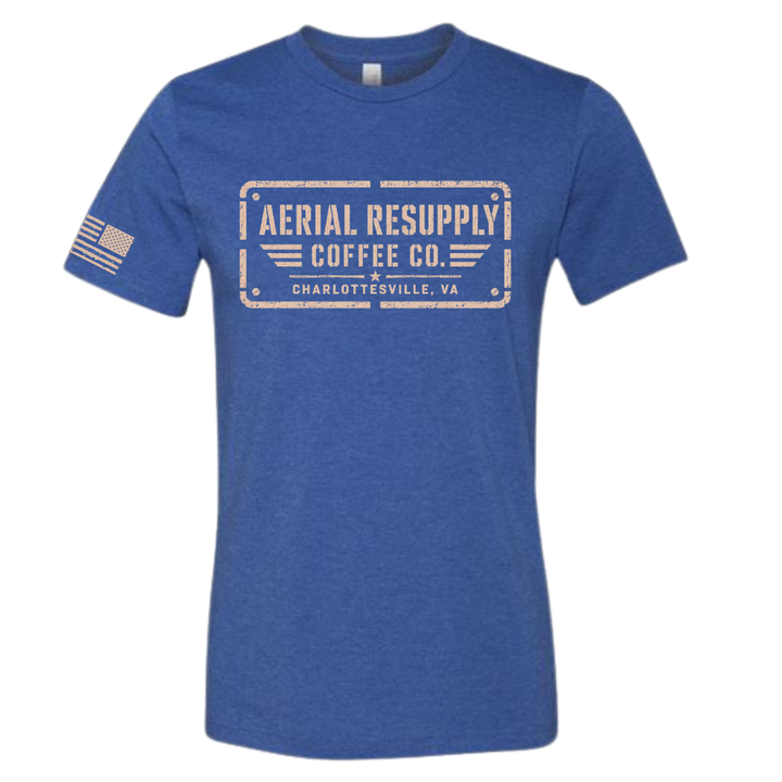 Aerial Resupply Coffee Co. stamp logo t-shirt in blue, tan distressed print, flag on sleeve