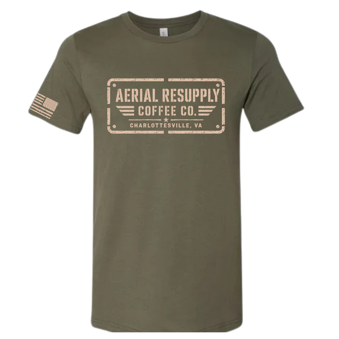 Aerial Resupply Coffee Co. stamp logo t-shirt in military green, tan distressed print, flag on sleeve