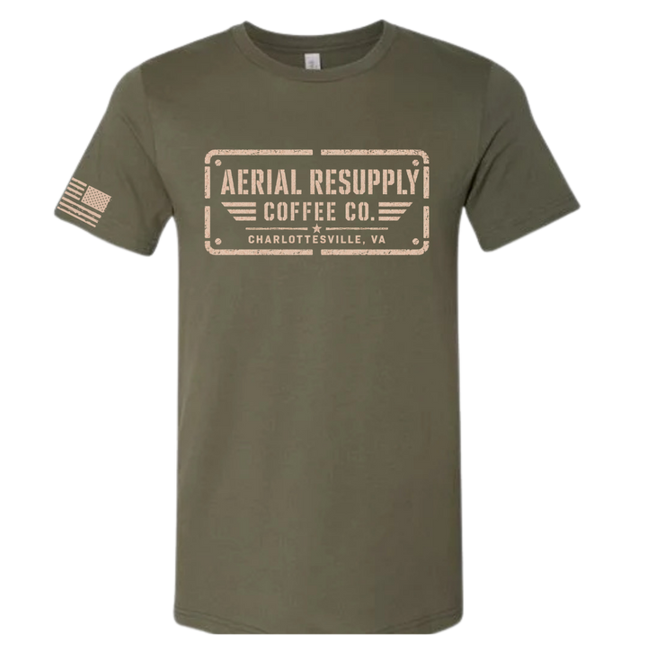 Aerial Resupply Coffee Co. stamp logo t-shirt in military green, tan distressed print, flag on sleeve