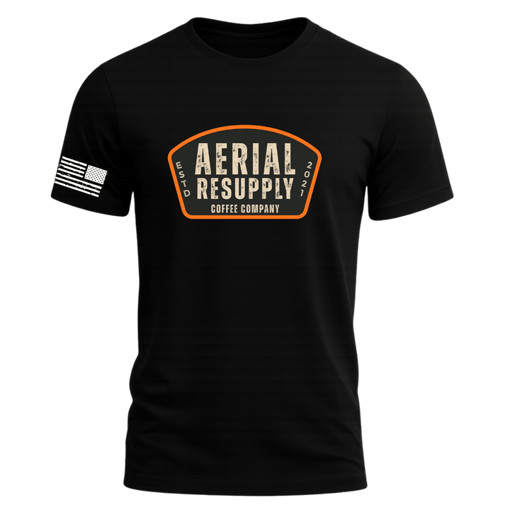 Black t-shirt with 'Aerial Resupply Coffee Company' logo on a white background