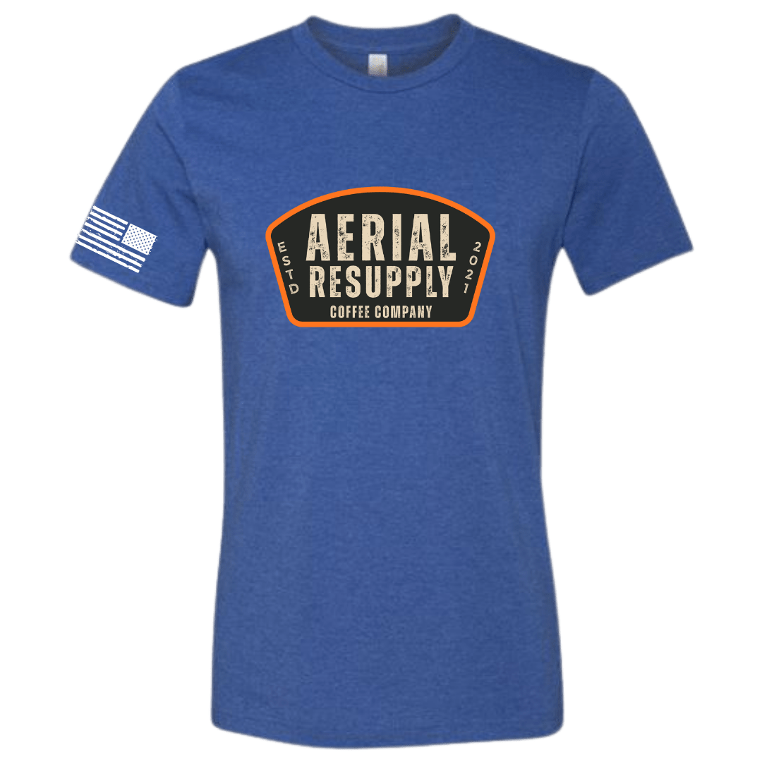 Blue t-shirt with 'Aerial Resupply Coffee Company' logo on a white background