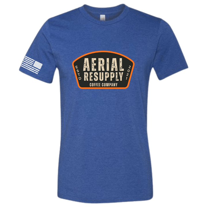 Blue t-shirt with 'Aerial Resupply Coffee Company' logo on a white background