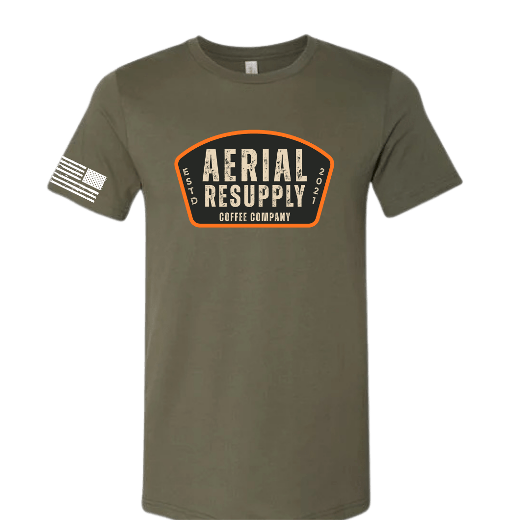 Olive green t-shirt with 'Aerial Resupply Coffee Company' logo on a white background