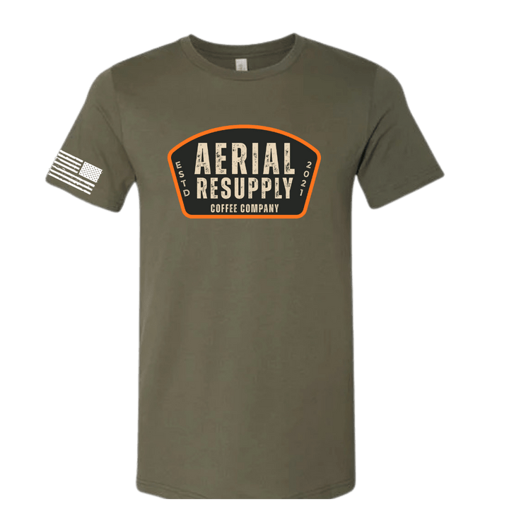 Olive green t-shirt with 'Aerial Resupply Coffee Company' logo on a white background