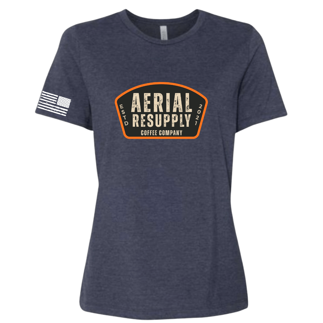 Navy blue t-shirt with 'Aerial Resupply Coffee Company' logo on a white background