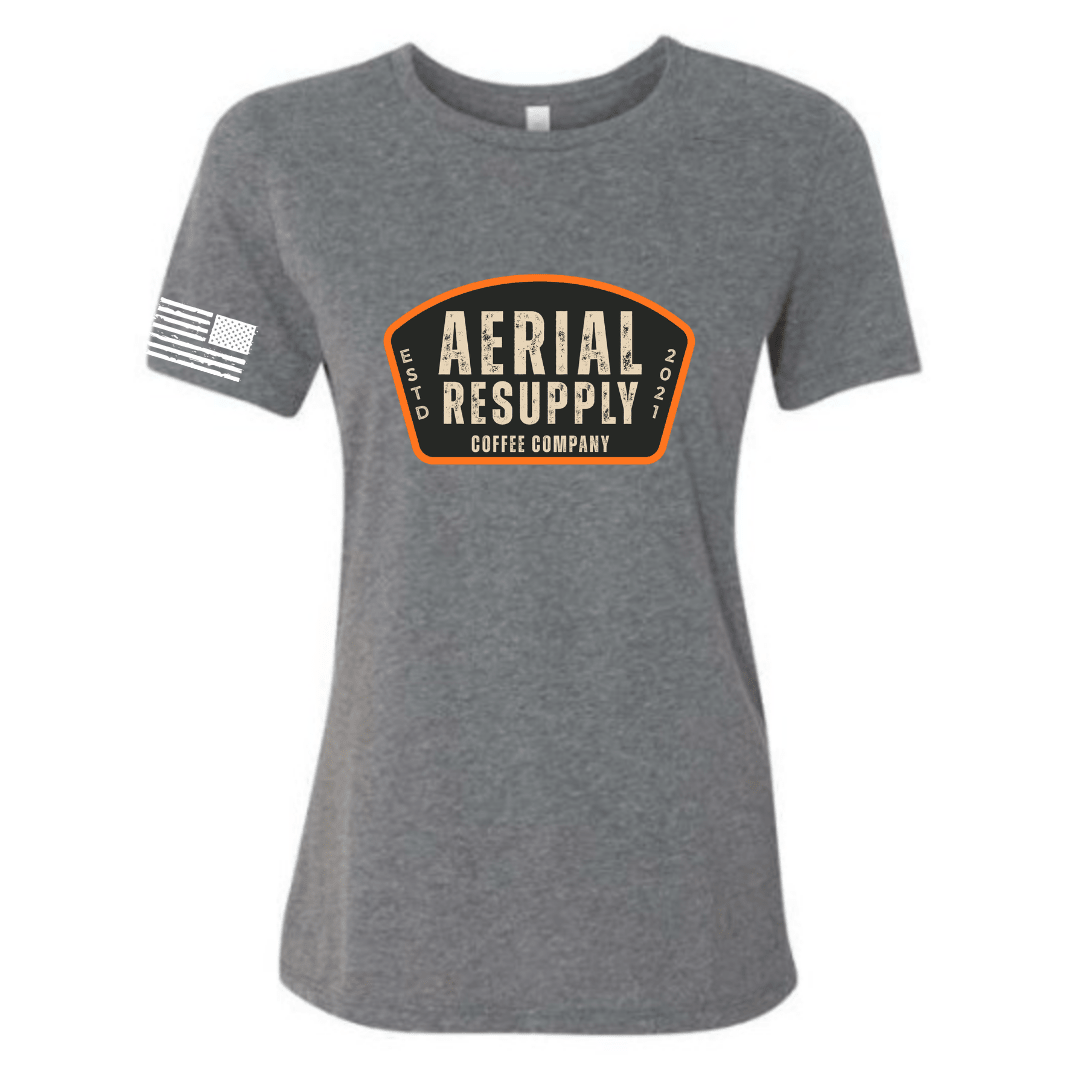 Gray t-shirt with 'Aerial Resupply Coffee Company' logo on a white background