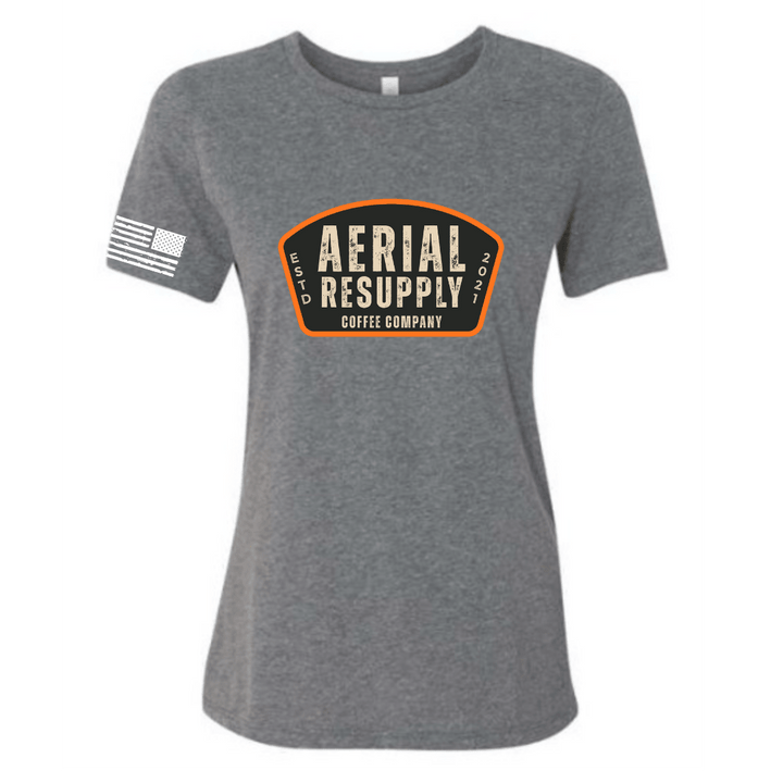 Gray t-shirt with 'Aerial Resupply Coffee Company' logo on a white background