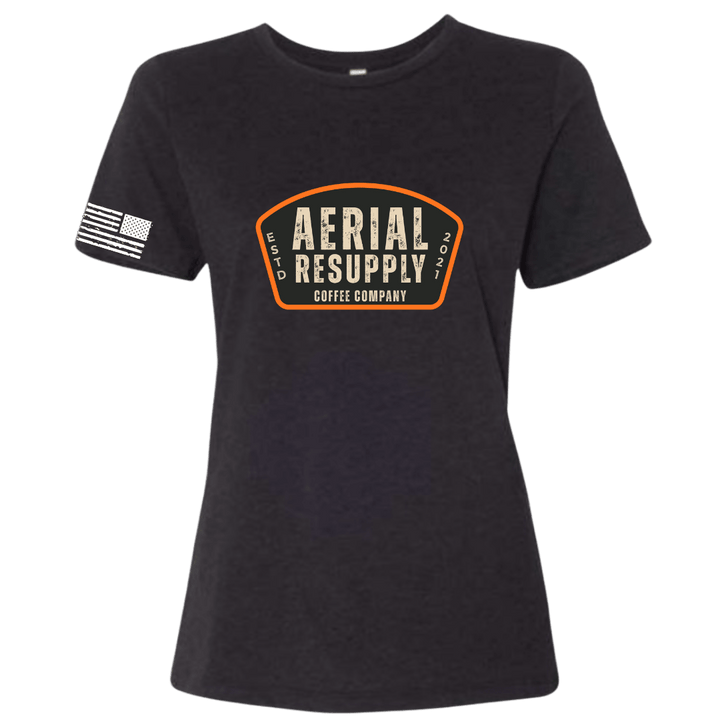 Black t-shirt with 'Aerial Resupply Coffee Company' logo on a white background