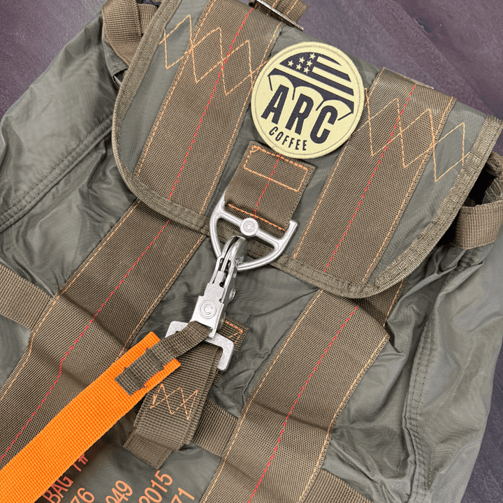 Aerial Resupply Coffee velcro patch on ARC tactical backpack