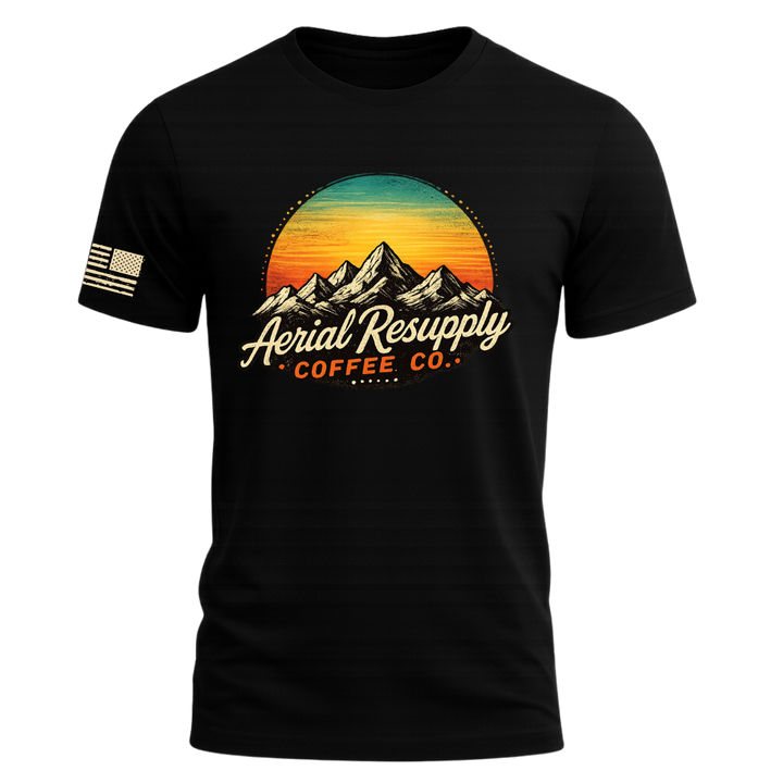 Aerial Resupply retro mountain sunset t-shirt in black, full color badge, flag on sleeve