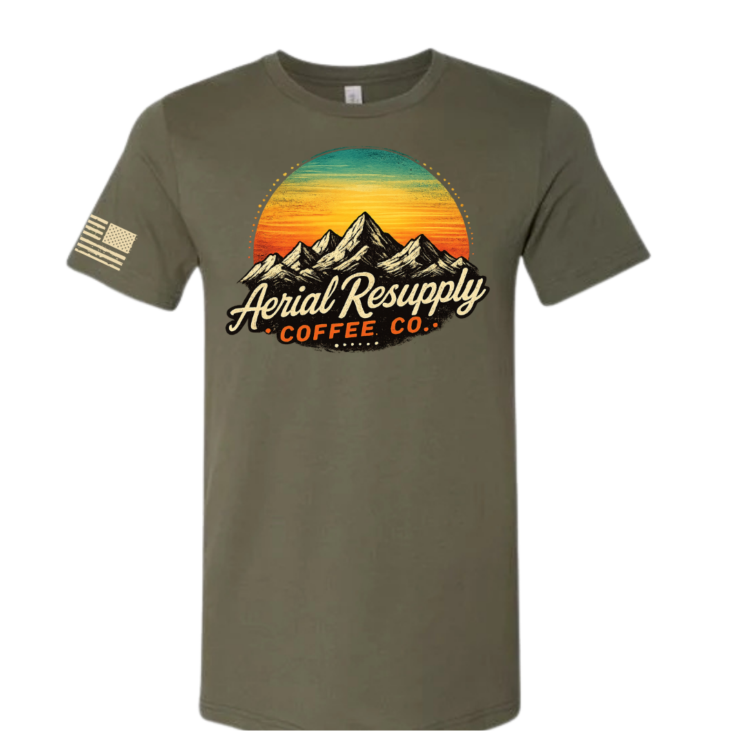 Aerial Resupply retro mountain sunset t-shirt in military green, full color badge, flag on sleeve