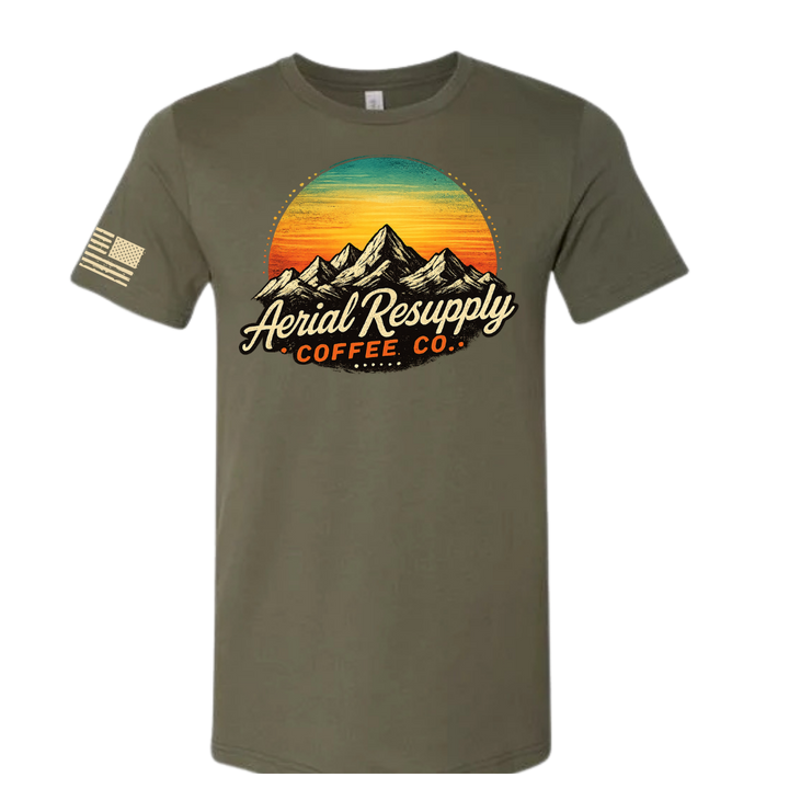 Aerial Resupply retro mountain sunset t-shirt in military green, full color badge, flag on sleeve