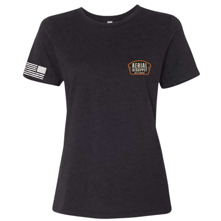 Black t-shirt with a logo on the chest against a white background