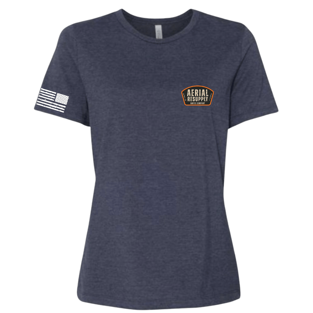 Navy blue t-shirt with a logo and flag on a white background