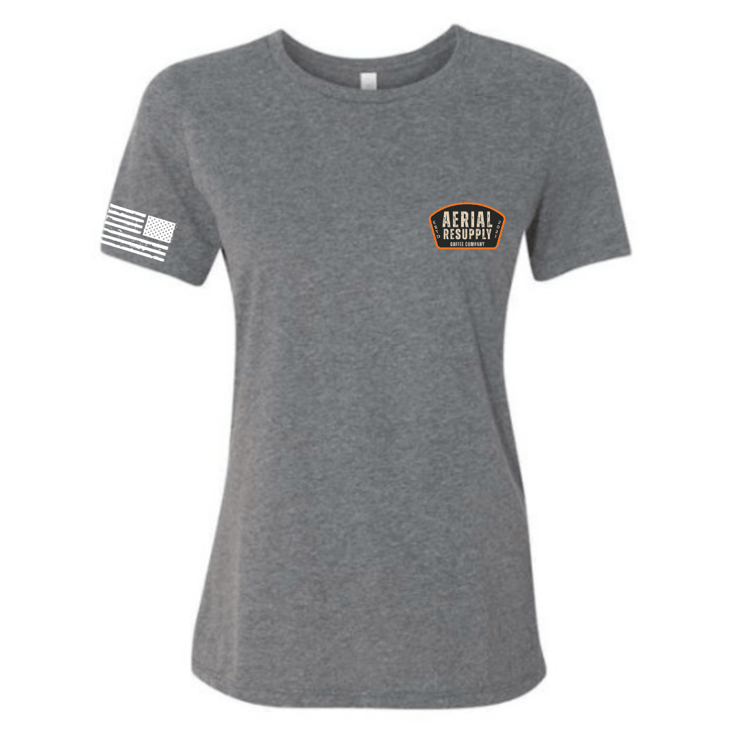 Gray t-shirt with a logo and text on a white background