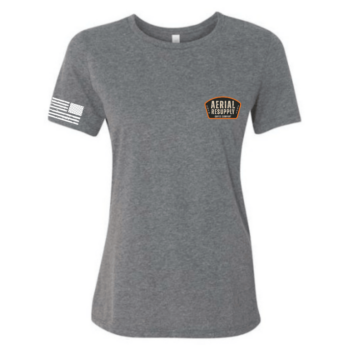 Gray t-shirt with a logo and text on a white background