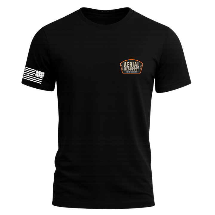 Black t-shirt with a logo and text on a white background