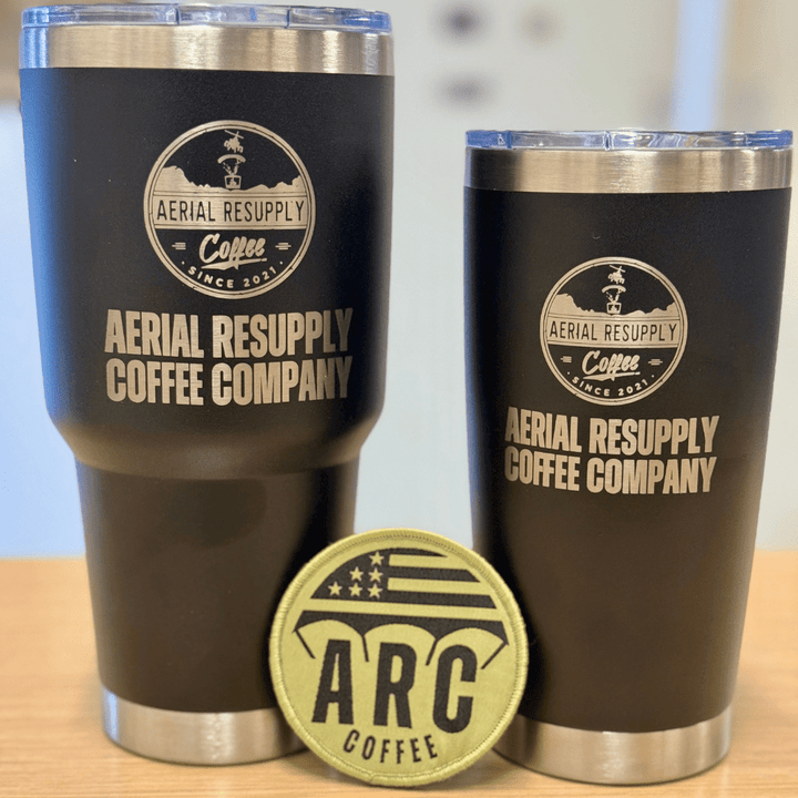 Aerial Resupply Coffee 20 and 30 ounce stainless steel tumbler