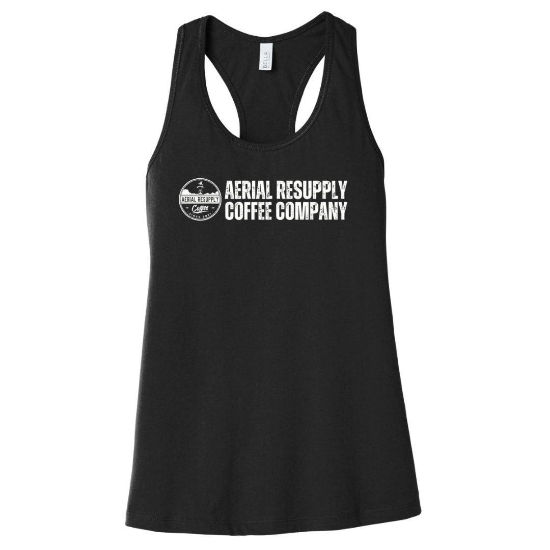 Aerial Resupply Coffee Ladies racerback tank top black and white with Aerial resupply coffee logo bella canva comfortable and chic buy now online or in our store at charlottesville virginia