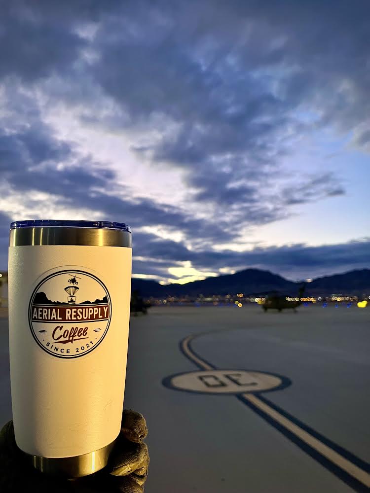 Aerial Resupply Coffee Logo Tumbler flightline army helicopter mountain range premium and whole bean coffee 