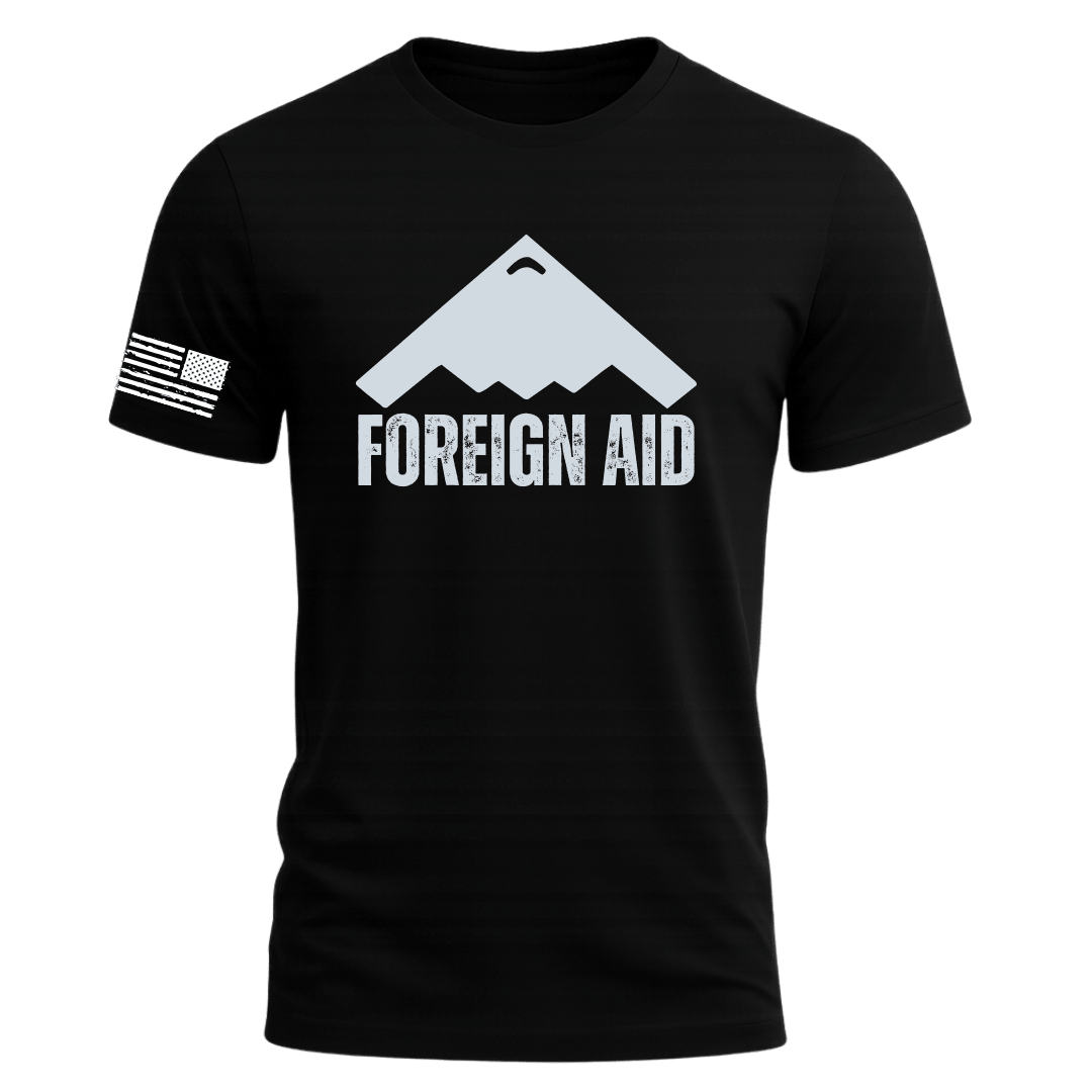Black t-shirt with 'FOREIGN AID' graphic design on a white background