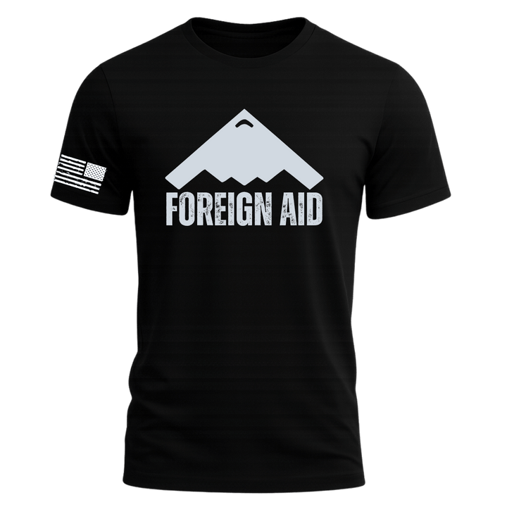 Black t-shirt with 'FOREIGN AID' graphic design on a white background