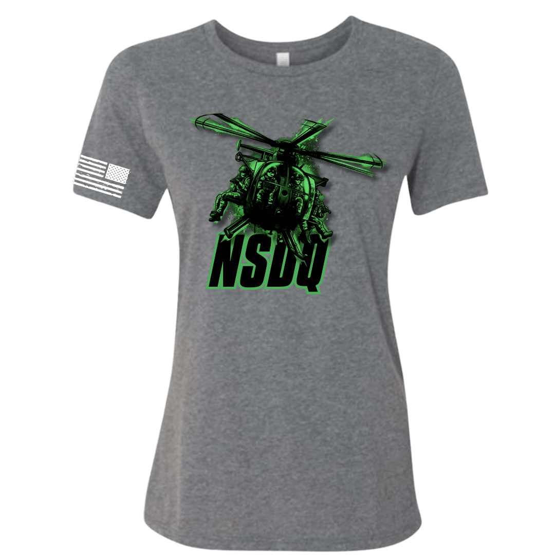 Gray t-shirt with green helicopter graphic and 'NSDQ' text on a white background