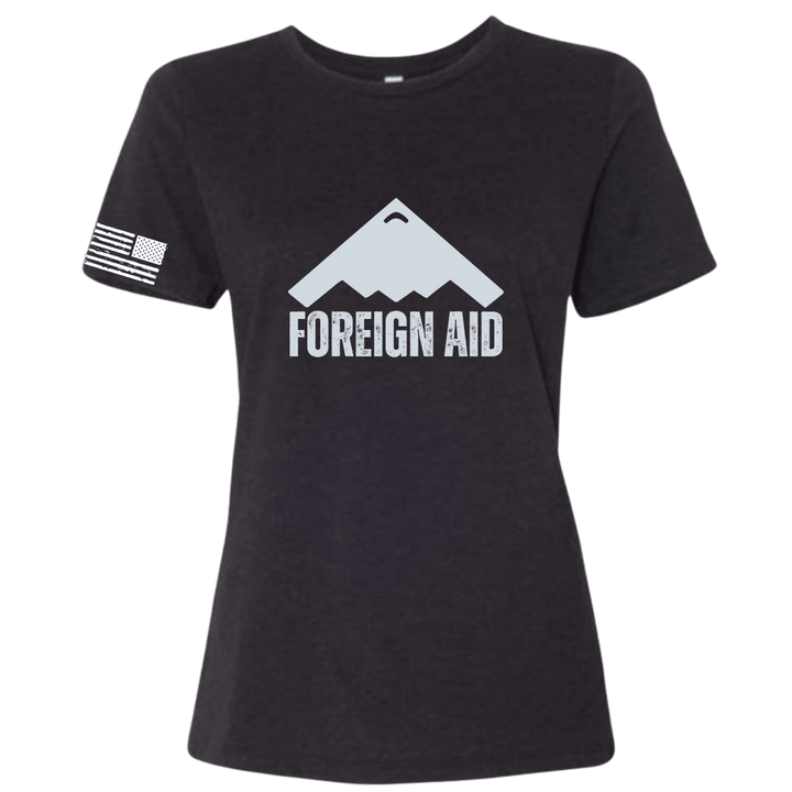 Black t-shirt with 'FOREIGN AID' graphic design on a white background