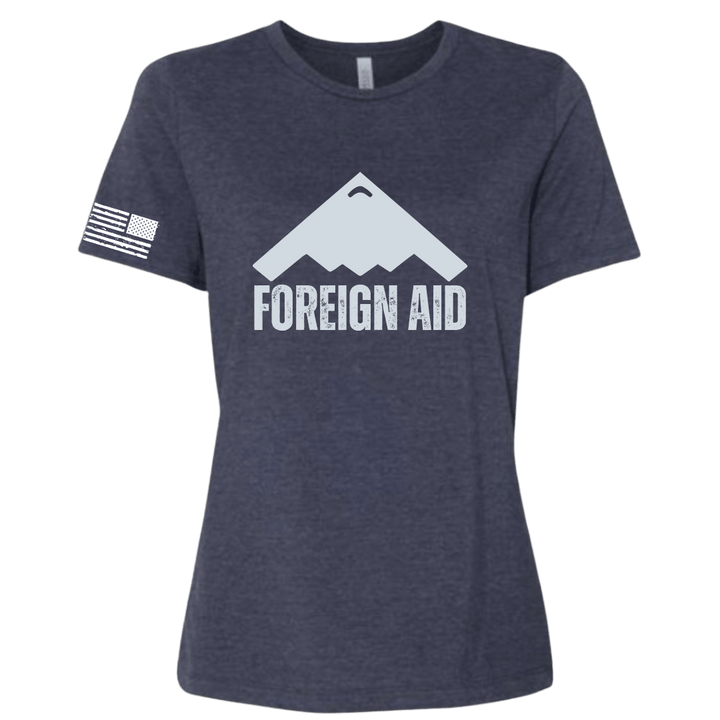 Navy blue t-shirt with 'FOREIGN AID' graphic on a white background