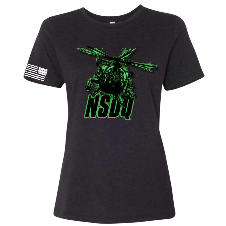 Black t-shirt with green graphic design and text on a white background
