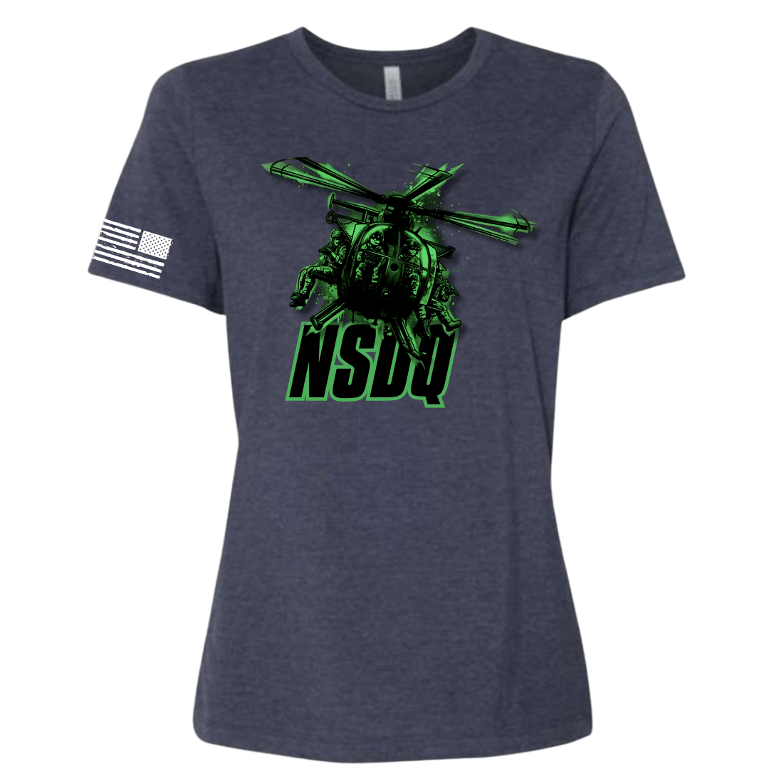 Navy blue t-shirt with green graphic design and 'NSDQ' text on a white background