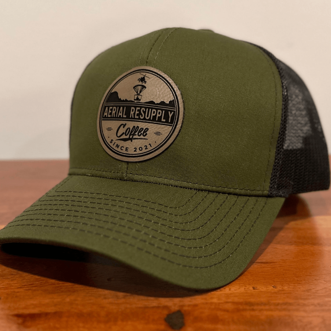 Aerial Resupply Coffee Logo green and tan snapback trucker hat richardson 112 with logo buy online