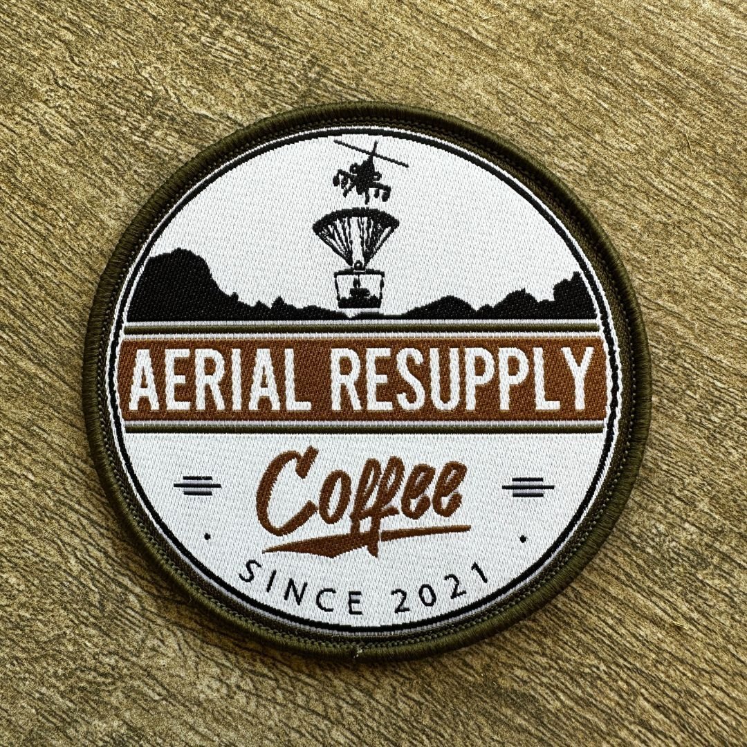 Aerial Resupply Coffee embroidered logo iron on patch for apparel, hats or any other material