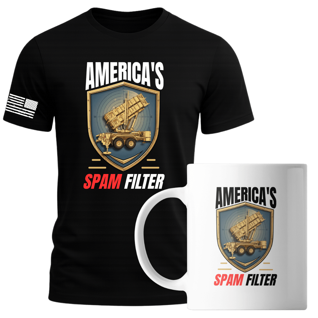 Black t-shirt and white mug with 'America's Spam Filter' graphic design on a white background