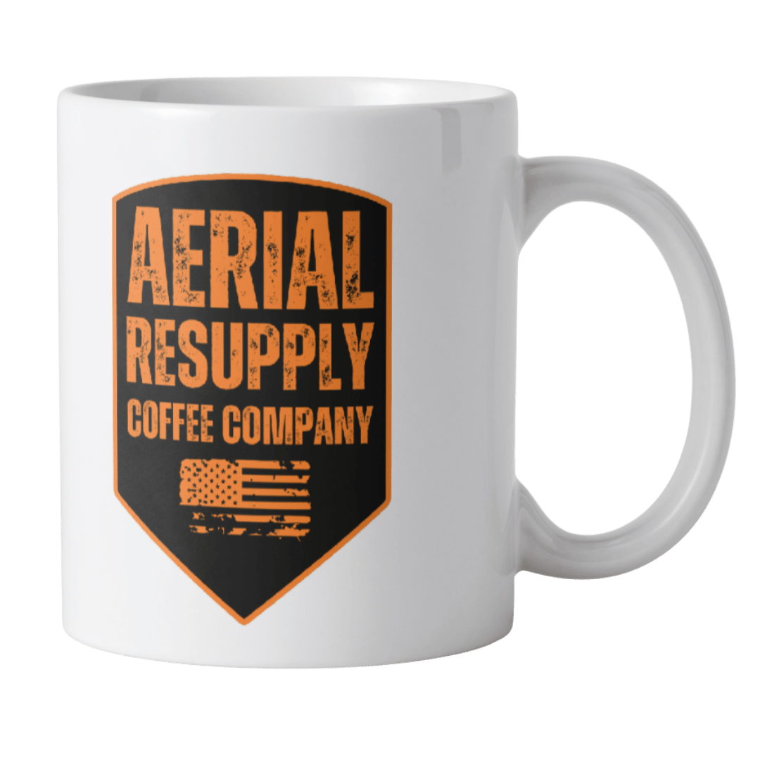 White mug with 'Aerial Resupply Coffee Company' logo on a white background