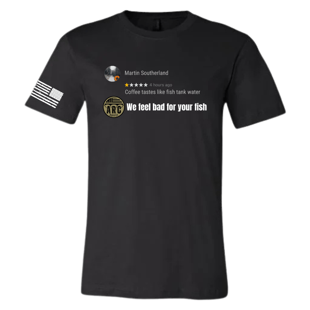 Black t-shirt with text and graphics on a white background