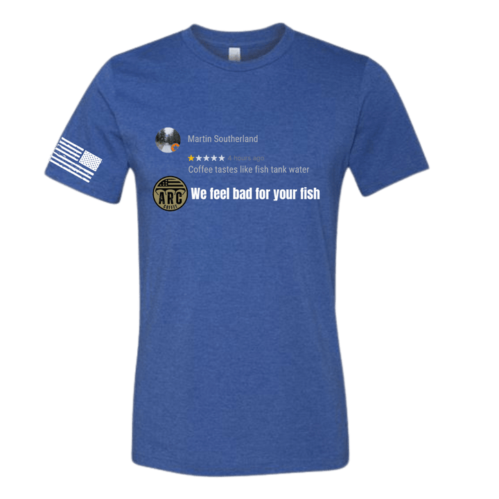 Blue t-shirt with text and graphics on a white background