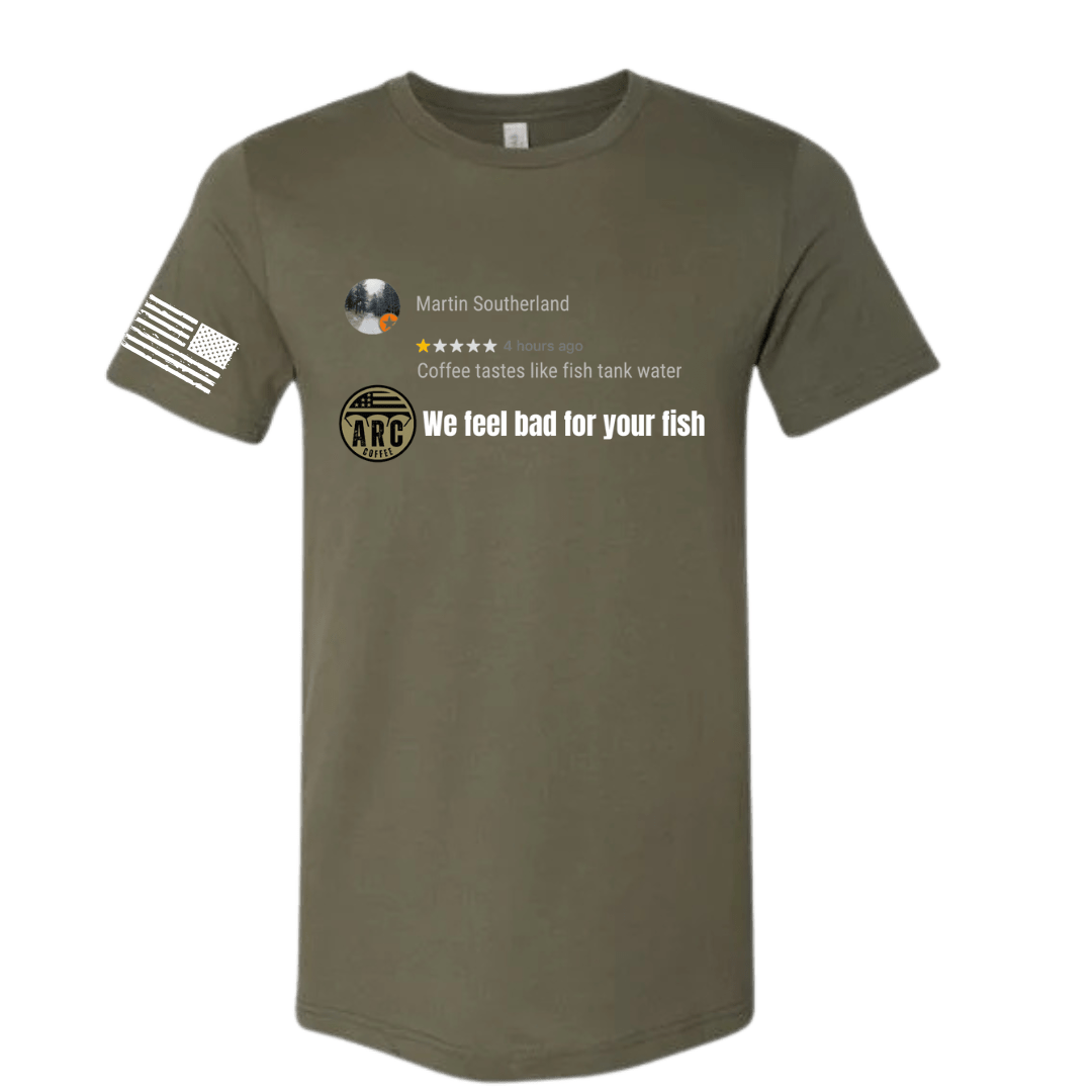 Green t-shirt with text and graphics on a white background