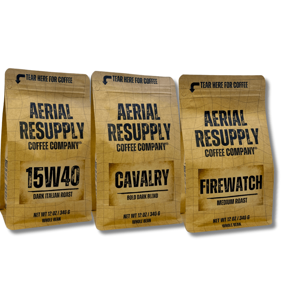 three bags of coffee as part of the mission essential pack