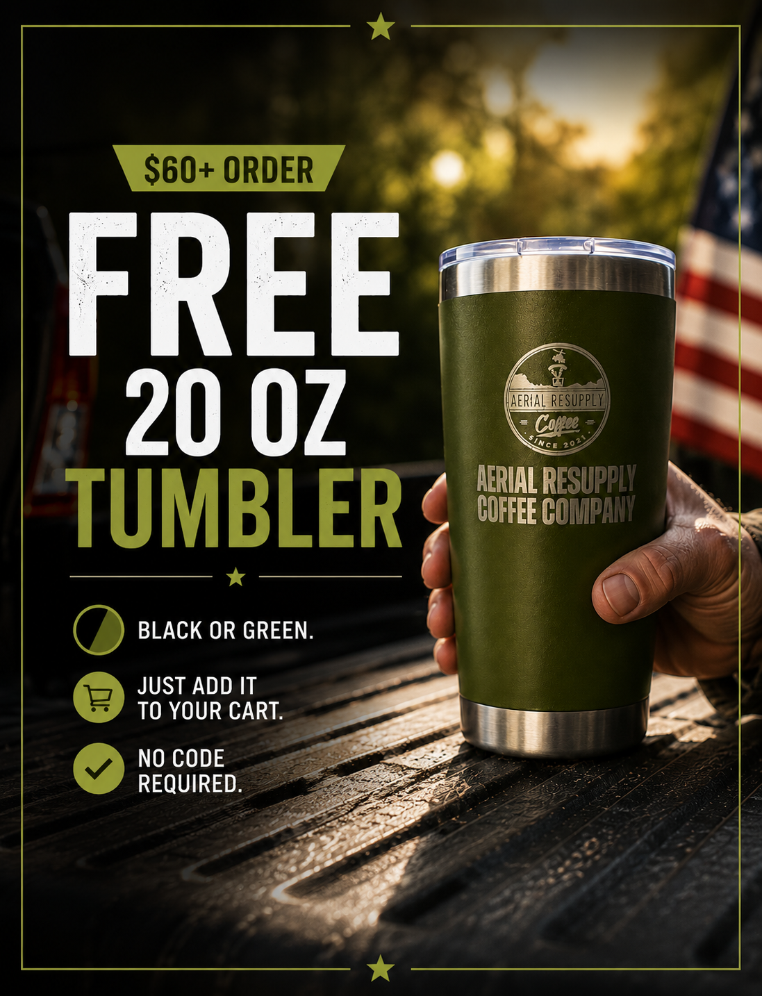 Aerial resupply coffee tumbler o a table with text