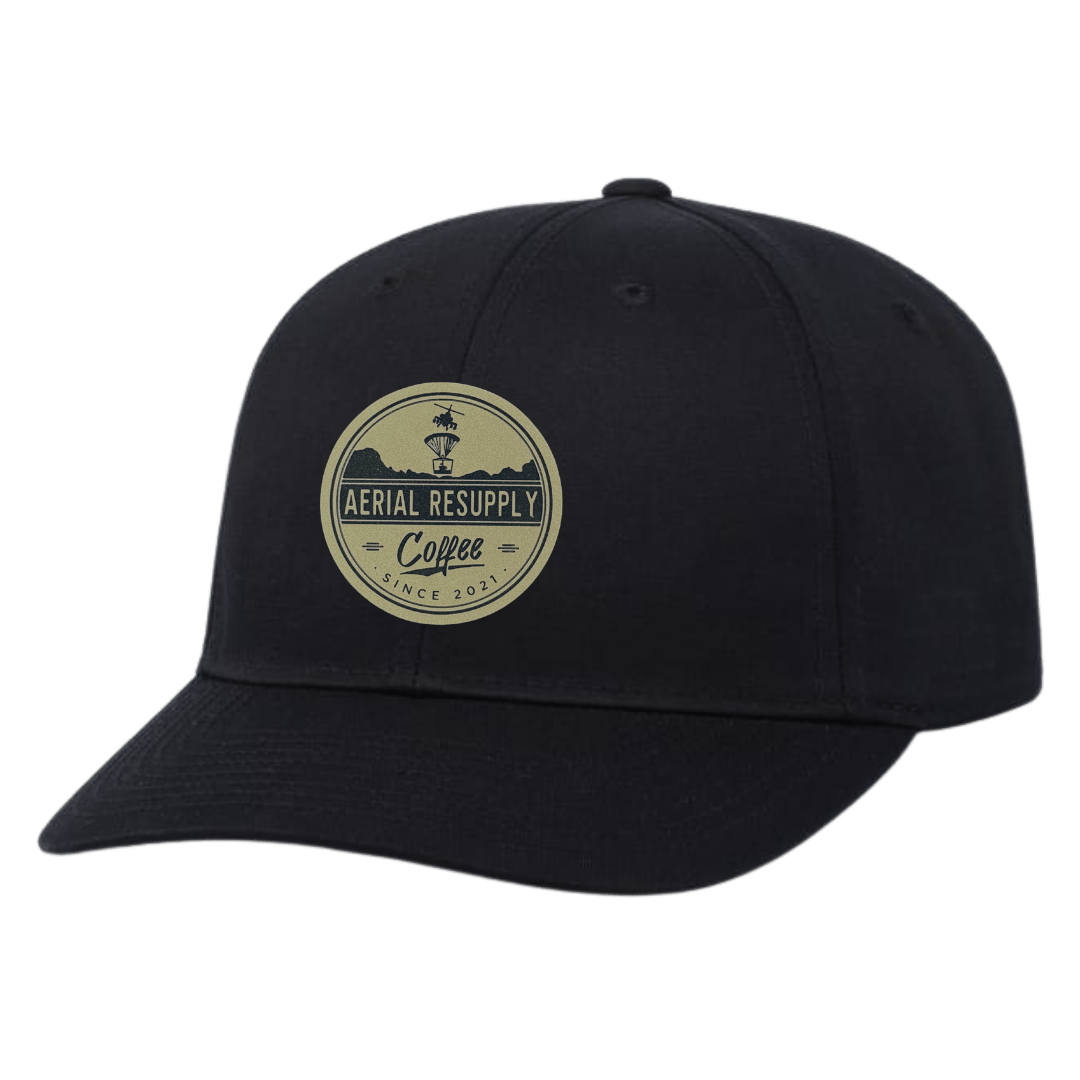 Black cap with a circular logo on a white background