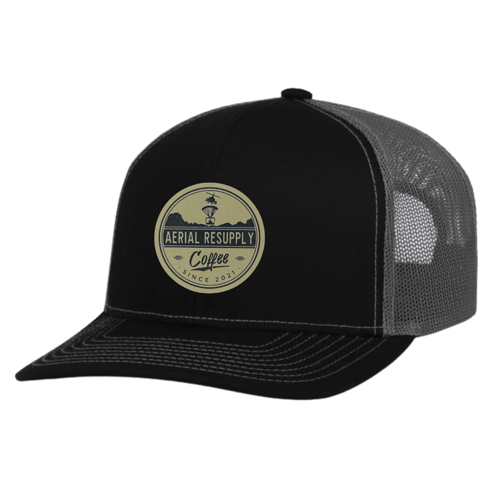 Black and gray trucker hat with 'Aerial Resupply Coffee' logo on a white background