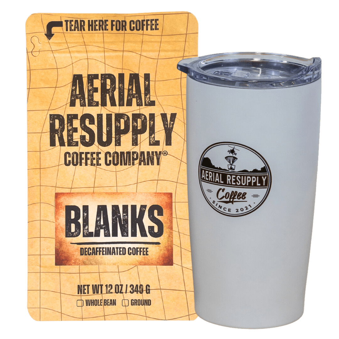 Blanks mountain water processed decaffeinated medium roast whole bean and preground coffee with white aerial resupply coffee logo tumbler. Buy now online or at or store in Charlottesville, Virginia