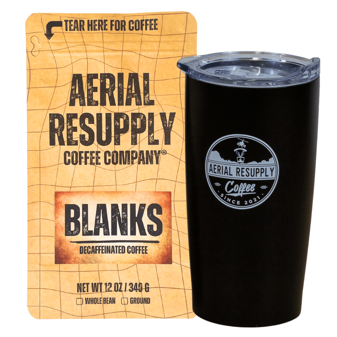 Blanks mountain water processed decaffeinated medium roast whole bean and preground coffee with black aerial resupply coffee logo tumbler. Buy now online or at or store in Charlottesville, Virginia