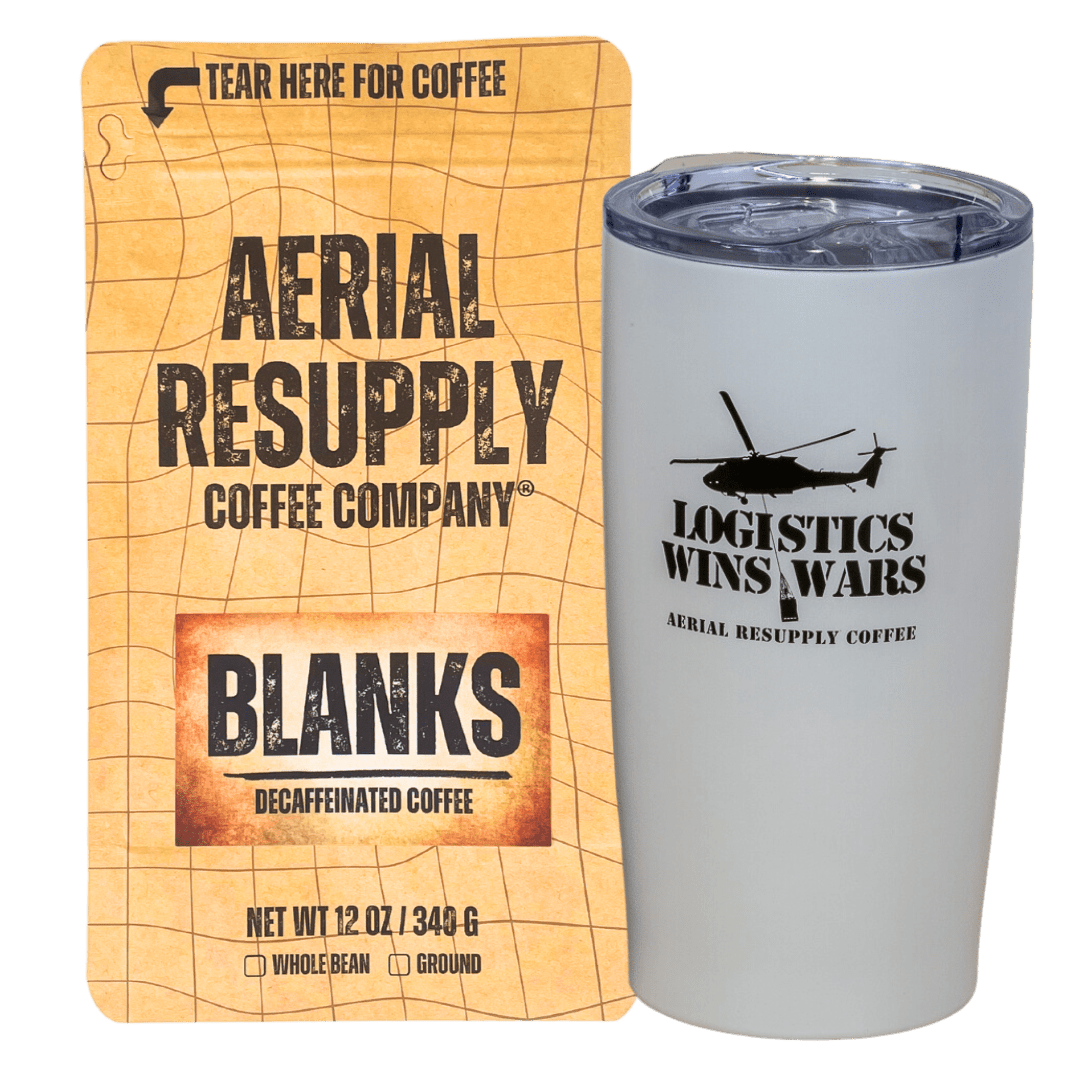 Blanks mountain water processed decaffeinated medium roast whole bean and preground coffee with white aerial resupply coffee logistics wins wars tumbler. Buy now online or at or store in Charlottesville, Virginia