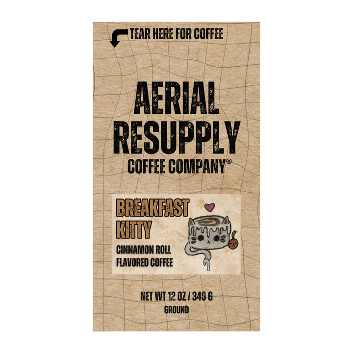 Breakfast Kitty cinnamon roll flavored coffee from aerial resupply coffee premium colombian medium roast whole bean or ground coffee buy online twelve ounce bag