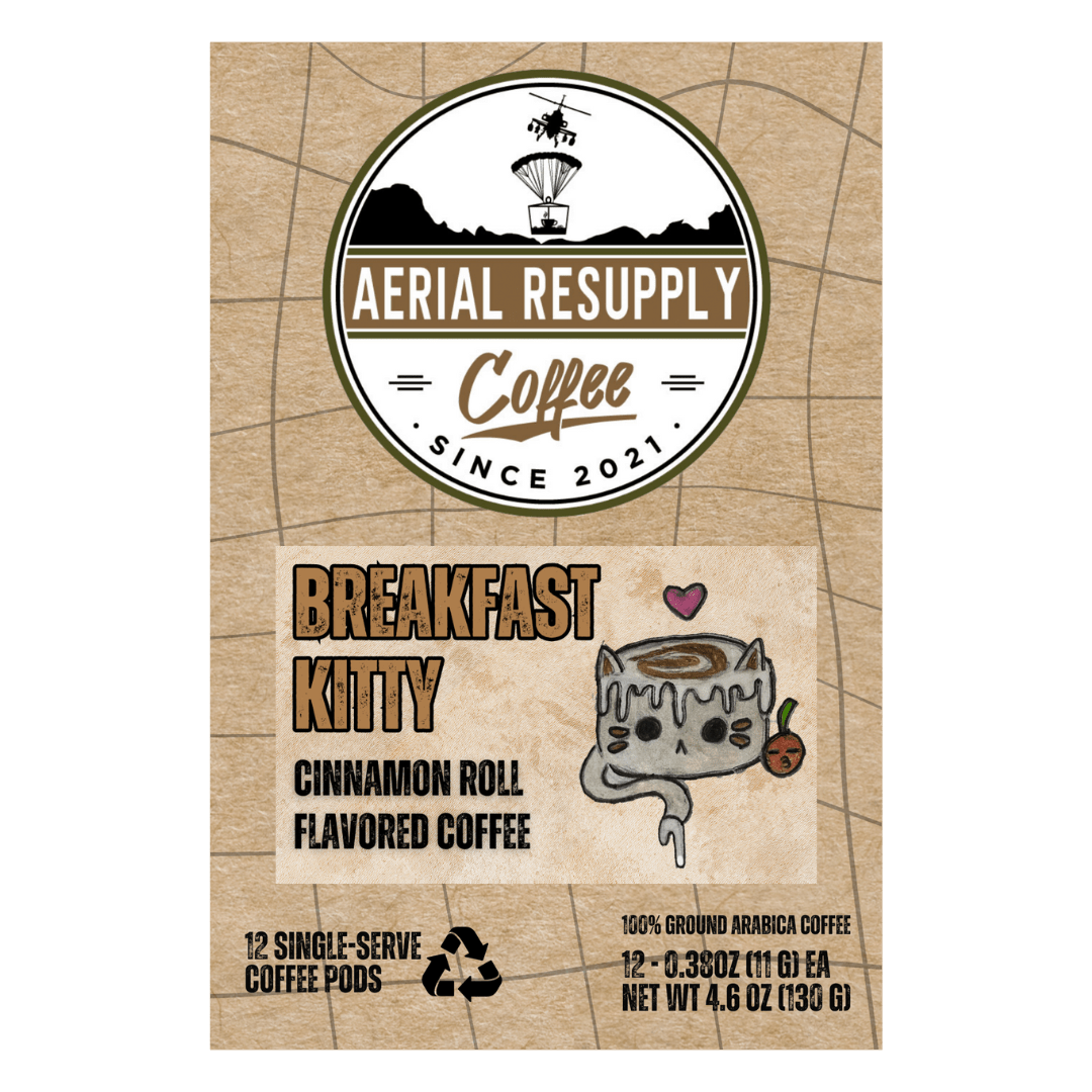 Breakfast Kitty cinnamon roll flavored coffee single serving pods twelve count k-cups from aerial resupply coffee buy online or at our store in Charlottesville Virginia