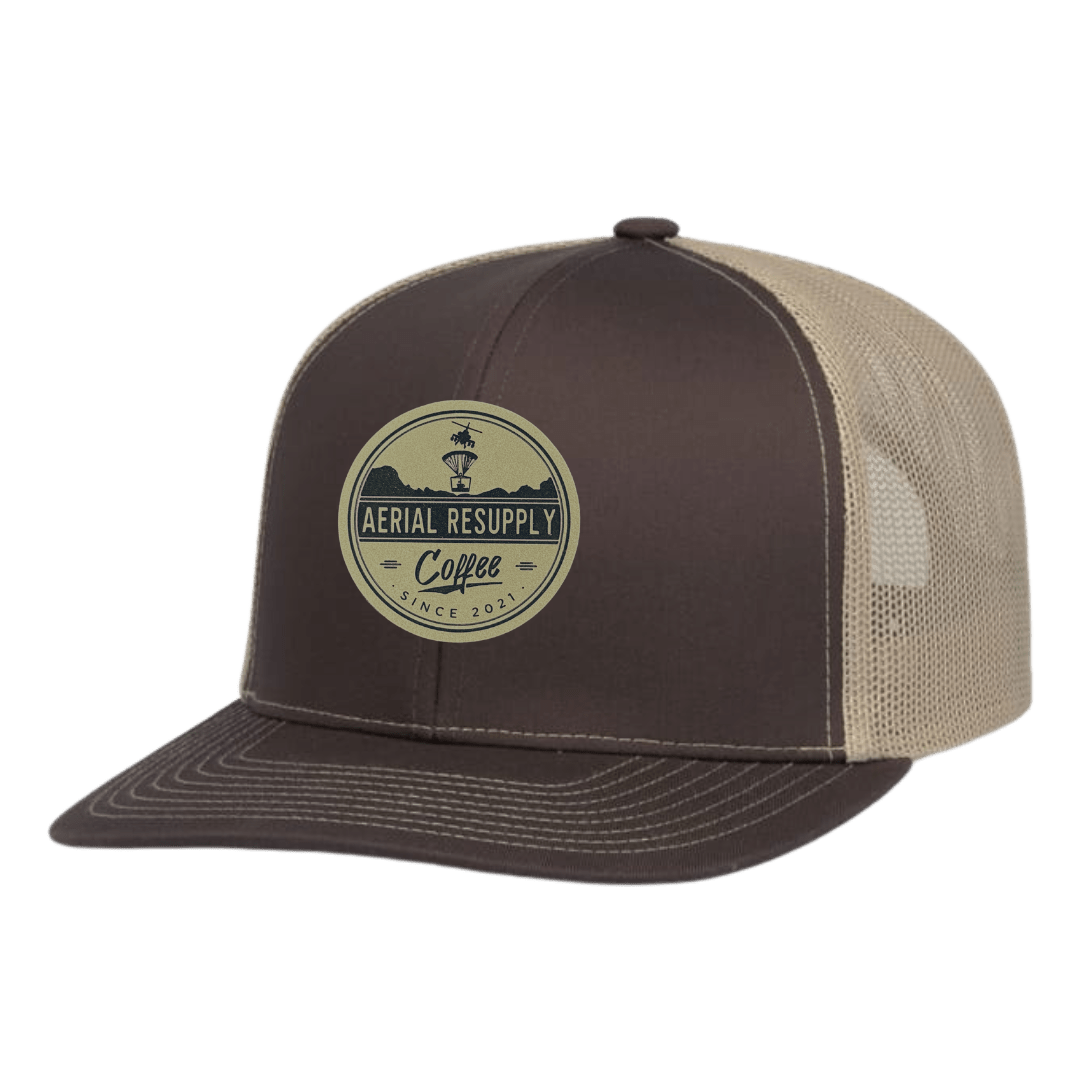 Brown and beige cap with 'Aerial Resupply Coffee' logo on a white background