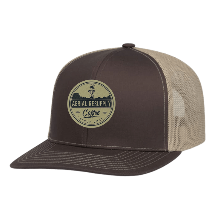 Brown and beige cap with 'Aerial Resupply Coffee' logo on a white background